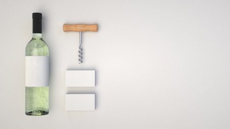 Wine or sommelier branding template. Mockup of white business card with bottle of wine and corkscrew on white background. 3D rendering illustration.の写真素材