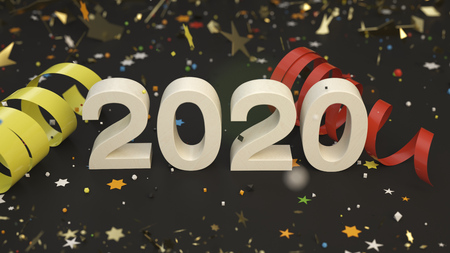 Wooden 2020 number with colorful confetti and serpentine on black background. 2020 new year sign. 3D rendering illustrationの写真素材