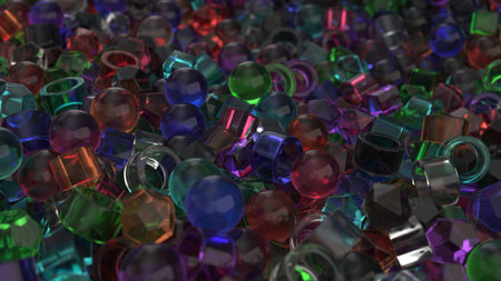 Pile of colorful glass primitives. Abstract geometric background. 3D rendering illustration