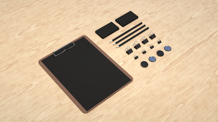 Branding mockup. Clipboard with sheet of paper, business cards, binder clips, badges and pencils. 3D rendering illustration.の写真素材