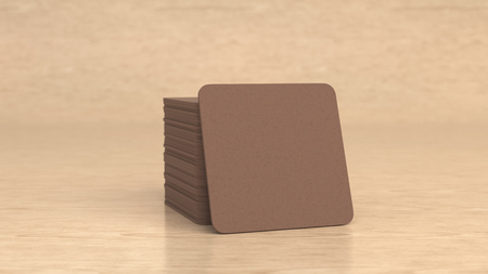 Mockup of blank cardboard square beer coasters on wooden background. Branding template. 3D rendering illustrationの写真素材
