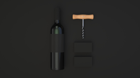 Wine or sommelier branding template. Mockup of black business card with bottle of wine and corkscrew on black background. 3D rendering illustration.の写真素材