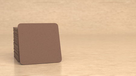 Mockup of blank cardboard square beer coasters on wooden background. Branding template. 3D rendering illustrationの写真素材