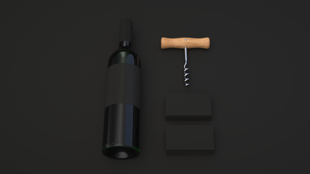 Wine or sommelier branding template. Mockup of black business card with bottle of wine and corkscrew on black background. 3D rendering illustration.の写真素材