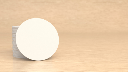 Mockup of blank white round beer coasters on wooden background. Branding template. 3D rendering illustrationの写真素材