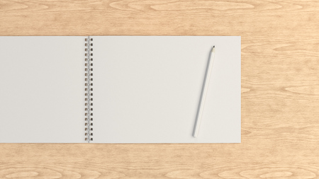 Drawing album with white pencil on wooden background. Spiral bound notebook mockup. 3D rendering illustration.の写真素材