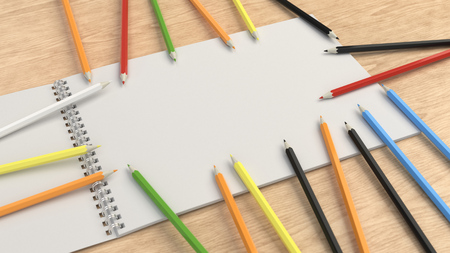 Drawing album with black pencils on wooden background. Spiral bound notebook mockup. 3D rendering illustration.の写真素材