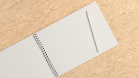 Drawing album with white pencil on wooden background. Spiral bound notebook mockup. 3D rendering illustration.の写真素材
