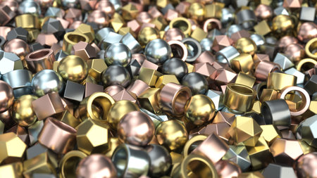 Pile of colorful metal primitives. Abstract geometric background. 3D rendering illustration
