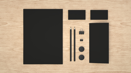 Branding mockup. Sheet of paper, business cards, binder clips, badges and pencils. 3D rendering illustration.の写真素材