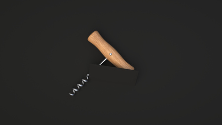 Wine or sommelier branding template. Mockup of black business card and corkscrew on black background. 3D rendering illustration.の写真素材