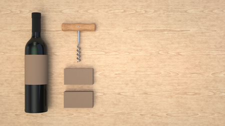 Wine or sommelier branding template. Mockup of cardboard business card with bottle of wine and corkscrew on wooden background. 3D rendering illustration.の写真素材