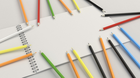 Drawing album with colorful pencils on white background. Spiral bound notebook mockup. 3D rendering illustration.の写真素材