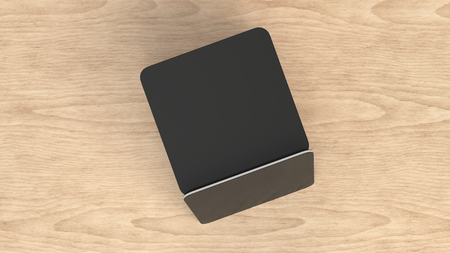 Mockup of blank black square beer coasters on wooden background. Branding template. 3D rendering illustrationの写真素材