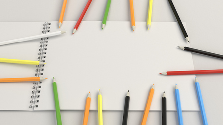 Drawing album with colorful pencils on white background. Spiral bound notebook mockup. 3D rendering illustration.の写真素材