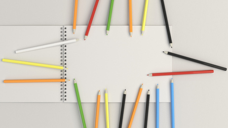 Drawing album with colorful pencils on white background. Spiral bound notebook mockup. 3D rendering illustration.の写真素材