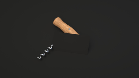 Wine or sommelier branding template. Mockup of black business card and corkscrew on black background. 3D rendering illustration.の写真素材