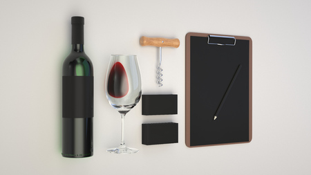 Wine or sommelier branding template. Mockup of bottle of wine, glass, white business cards, clipboard with pencil and corkscrew on white background. 3D rendering illustration.の写真素材