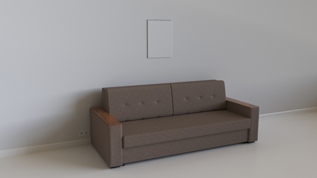 Blank white spiral calendar hanging on the wall above simple sofa. Interior mockup. 3D rendering illustration.の写真素材
