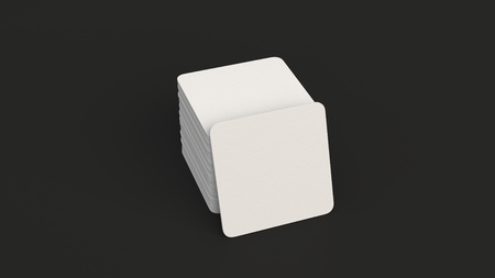 Mockup of blank white square beer coasters on black background. Branding template. 3D rendering illustrationの写真素材