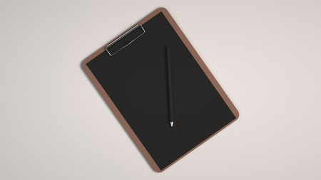 Branding mockup. Clipboard with sheet of paper and pencil. 3D rendering illustration.の写真素材