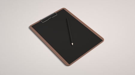 Branding mockup. Clipboard with sheet of paper and pencil. 3D rendering illustration.の写真素材
