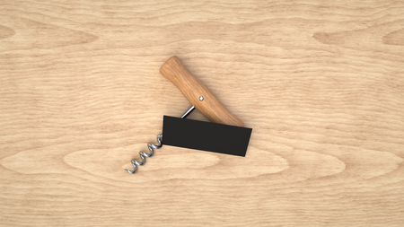 Wine or sommelier branding template. Mockup of black business card and corkscrew on wooden background. 3D rendering illustration.の写真素材