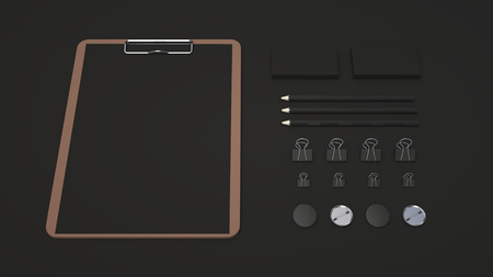 Branding mockup. Clipboard with sheet of paper, business cards, binder clips, badges and pencils. 3D rendering illustration.の写真素材
