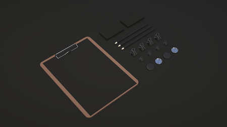 Branding mockup. Clipboard with sheet of paper, business cards, binder clips, badges and pencils. 3D rendering illustration.の写真素材
