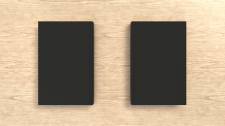 Mockup of blank black vertical book on wooden background. Template for book cover design. 3D rendering illustrationの写真素材