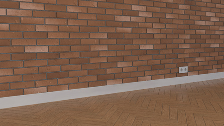 Empty room with brick wall and parquet flooring. Interior mockup. 3D rendering illustration.の写真素材