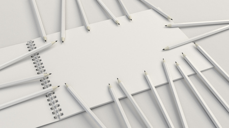 Drawing album with white pencils on white background. Spiral bound notebook mockup. 3D rendering illustration.の写真素材