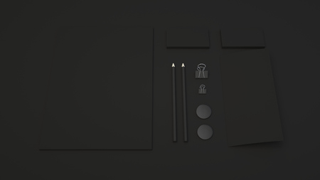 Branding mockup. Sheet of paper, business cards, binder clips, badges and pencils. 3D rendering illustration.の写真素材