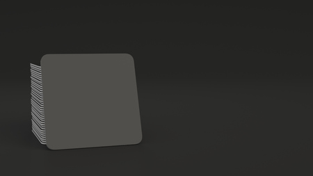 Mockup of blank black square beer coasters on black background. Branding template. 3D rendering illustrationの写真素材