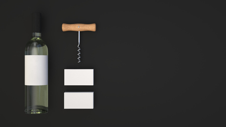 Wine or sommelier branding template. Mockup of white business card with bottle of wine and corkscrew on black background. 3D rendering illustration.の写真素材
