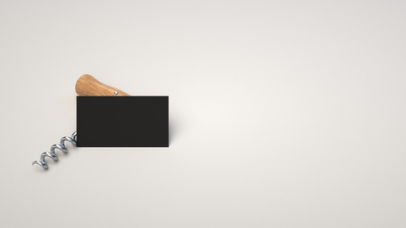 Wine or sommelier branding template. Mockup of black business card and corkscrew on white background. 3D rendering illustration.の写真素材