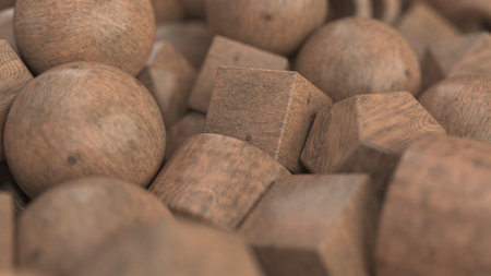 Pile of wooden primitives. Abstract geometric background. 3D rendering illustration