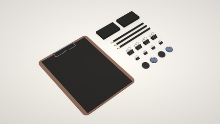 Branding mockup. Clipboard with sheet of paper, business cards, binder clips, badges and pencils. 3D rendering illustration.の写真素材