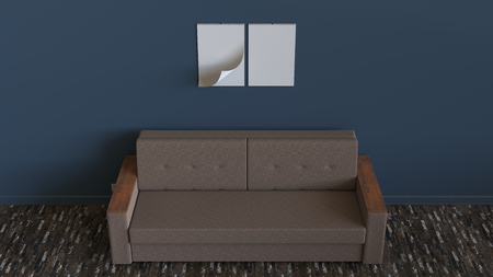 Two blank white spiral calendars hanging on the wall above simple sofa. Interior mockup. 3D rendering illustration.の写真素材