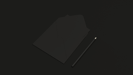 Mockup of greeting card in square envelope with pencil on black background. Letter or postcard template. 3D rendering illustrationの写真素材