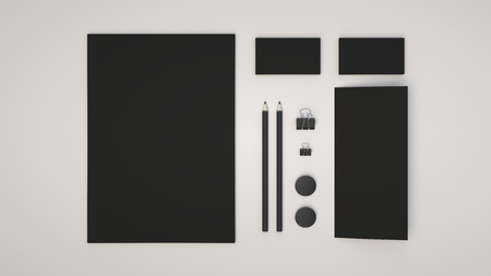 Branding mockup. Sheet of paper, business cards, binder clips, badges and pencils. 3D rendering illustration.の写真素材