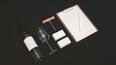 Wine or sommelier branding template. Mockup of bottle of wine, glass, white business cards, clipboard with pencil and corkscrew on black background. 3D rendering illustration.の写真素材