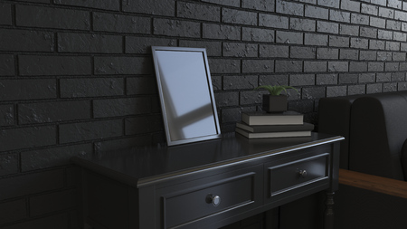 Mockup of poster or photo frame in the interior. Photo frame on dressing table beside sofa. 3D rendering illustration.の写真素材