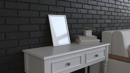 Mockup of poster or photo frame in the interior. Photo frame on dressing table beside sofa. 3D rendering illustration.の写真素材