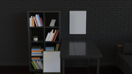 Mockup of wall calendar in the interior. Spiral calendar on brick wall painted in black. 3D rendering illustration.の写真素材