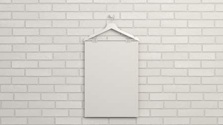 Blank white vertical poster on hanger with binder clips. Picture or photo mockup in the interior. 3D render illustrationの写真素材
