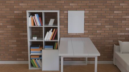 Mockup of wall calendar in the interior. Spiral calendar on brick wall. 3D rendering illustration.の写真素材
