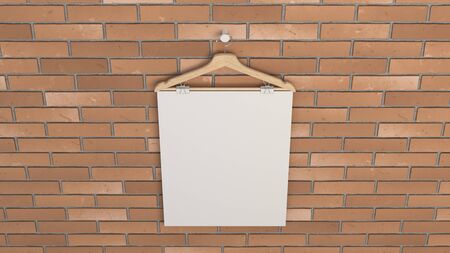 Blank white vertical poster on hanger with binder clips. Picture or photo mockup in the interior. 3D render illustrationの写真素材