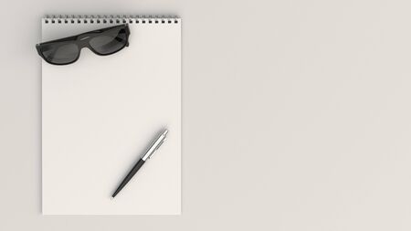 Blank white notebook with black sunglasses and automatic pen. Branding mockup. 3D rendering illustration.の写真素材