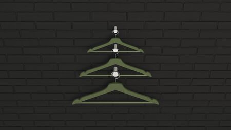 Christmas tree made of green hangers on brick wall. Greeting card template. 3D rendering illustrationの写真素材